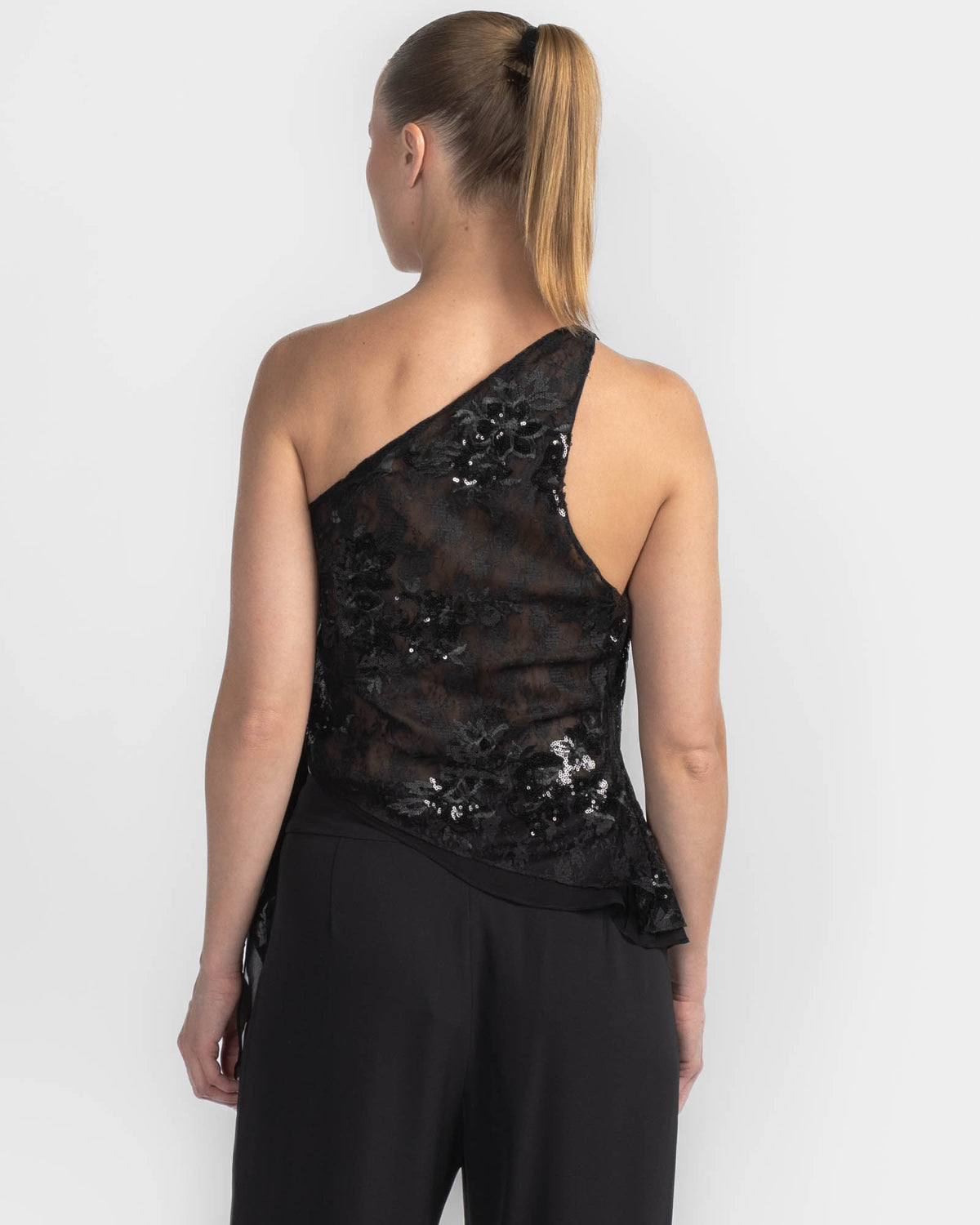 Lace Asymmetrical Drape Top
