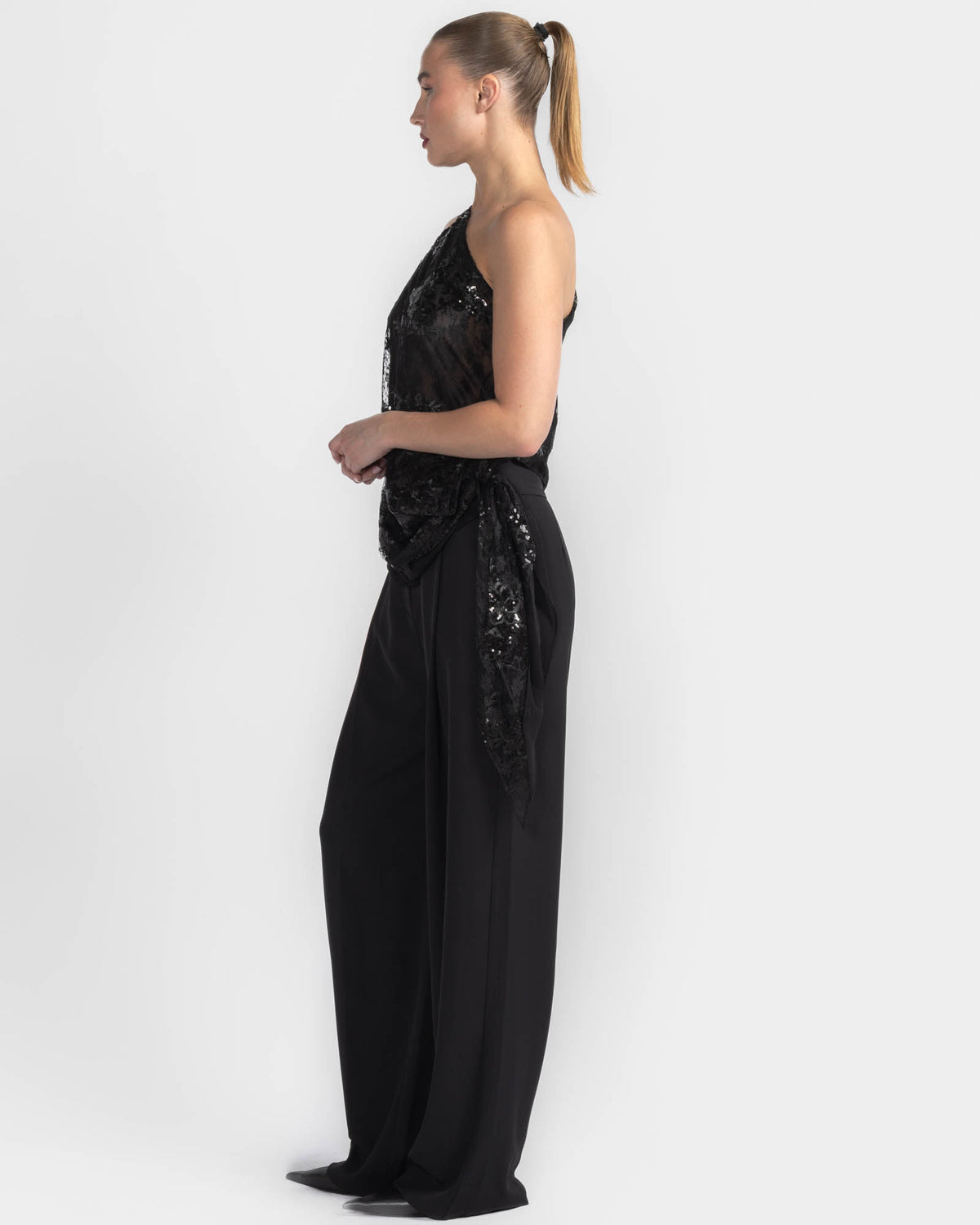 Lace Asymmetrical Drape Top