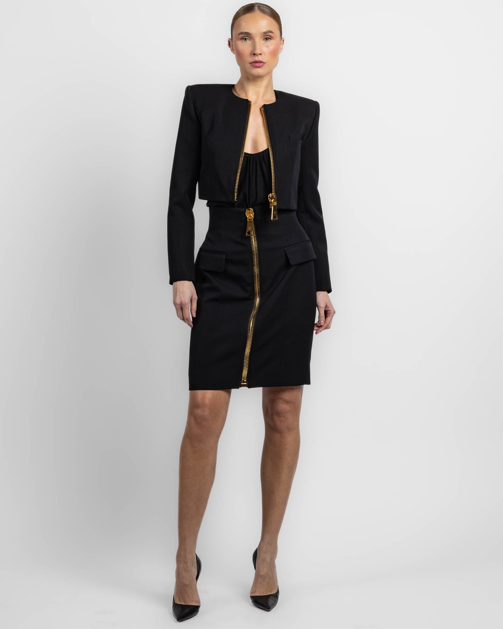 High Waist Zipped Knee Length Skirt