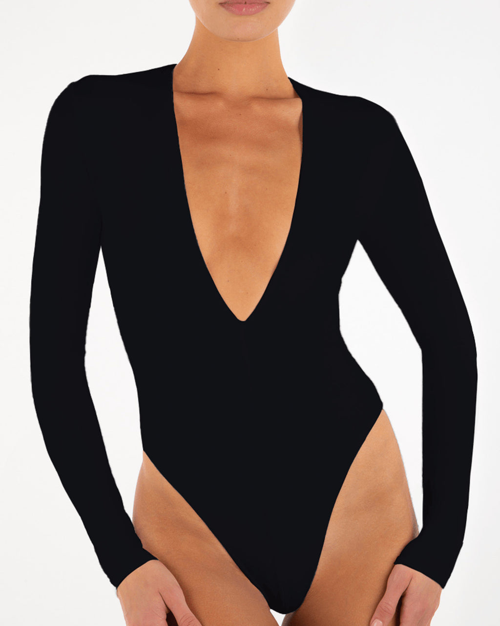Black Ribbed Deep V Ring Bodysuit - Grace and Garment Boutique
