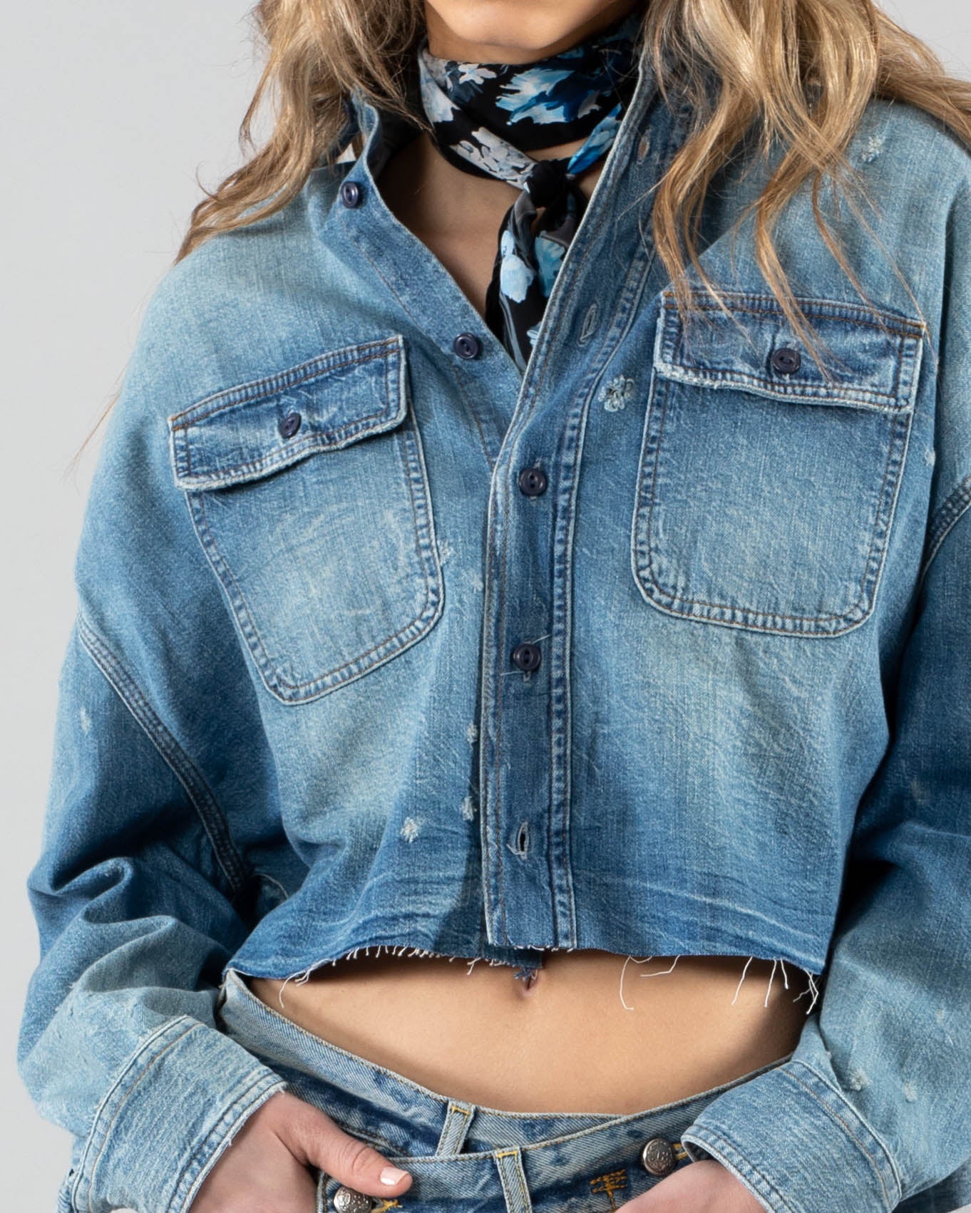 R13 - Cropped Denim Shirt | Luxury Designer Fashion | tntfashion.ca