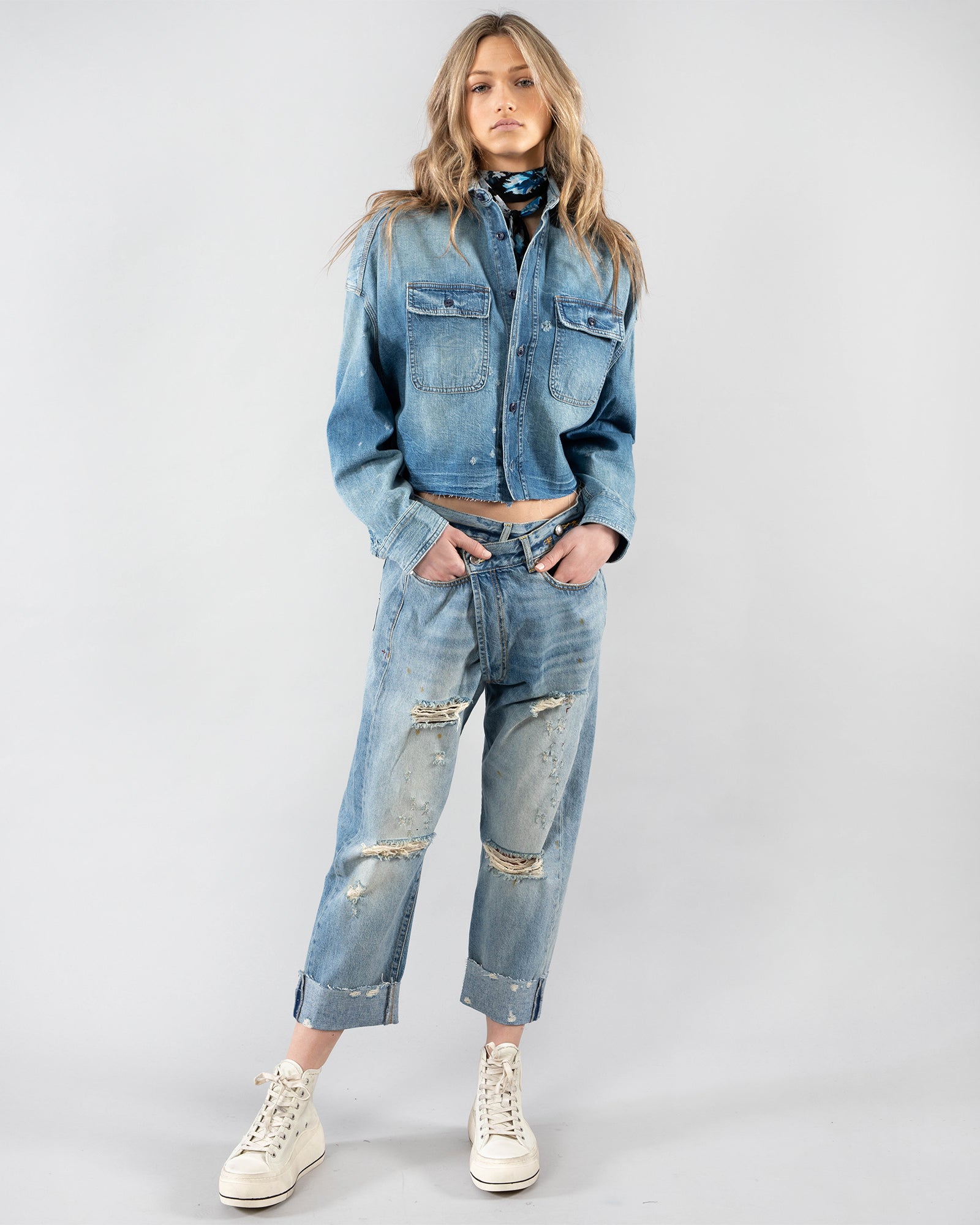 R13 - Cropped Denim Shirt | Luxury Designer Fashion | tntfashion.ca