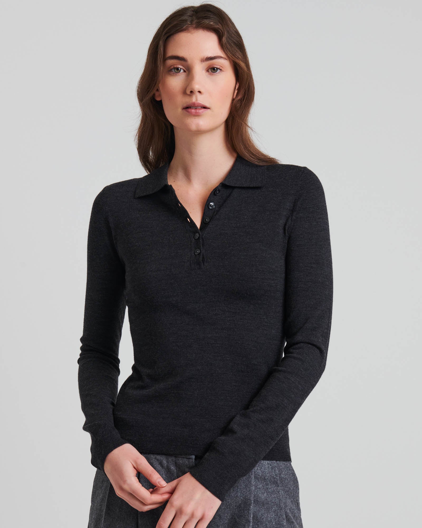 PATRICK ASSARAF Long Sleeve Classic Polo COAL MELANGE XS