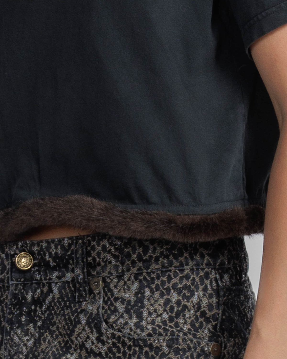 Short Sleeve Faux Fur Trim Tee