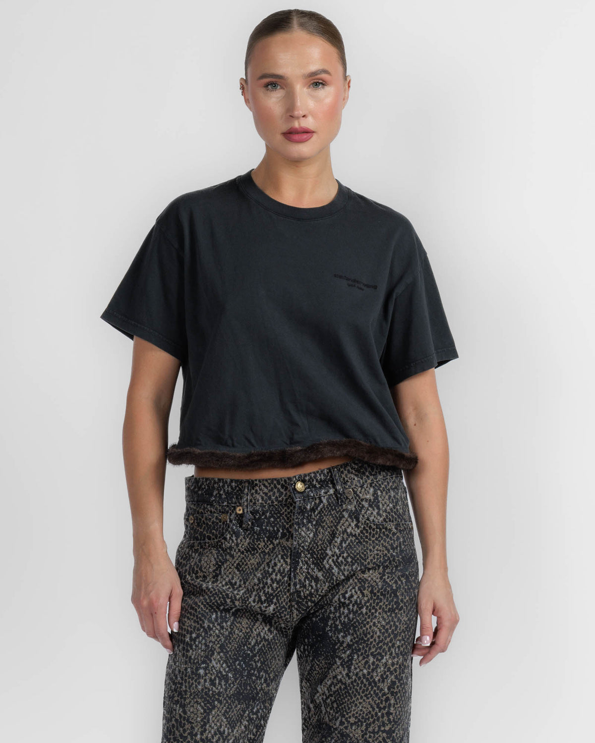 Short Sleeve Faux Fur Trim Tee