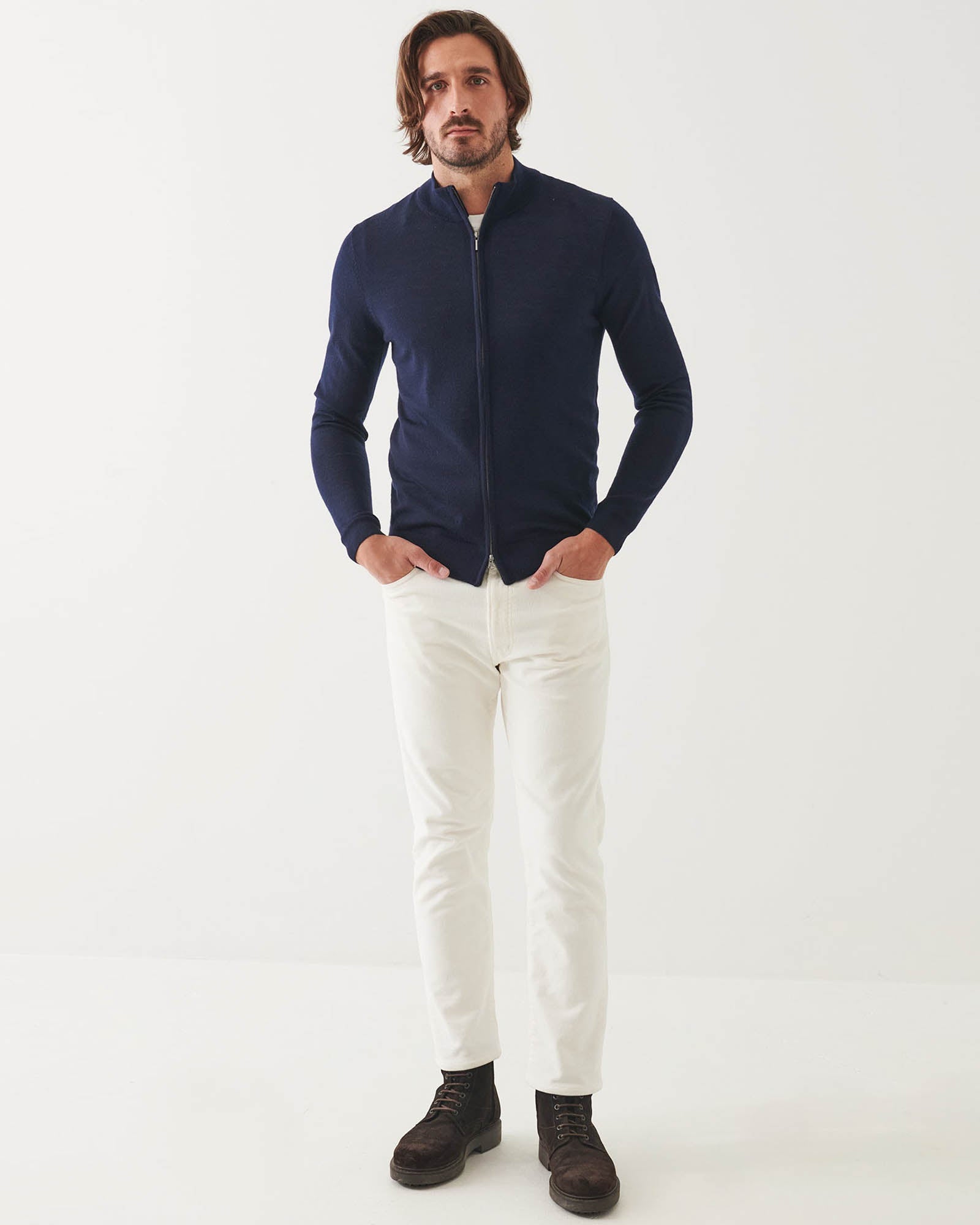 Pull à col montant entièrement zippé en laine mérinos