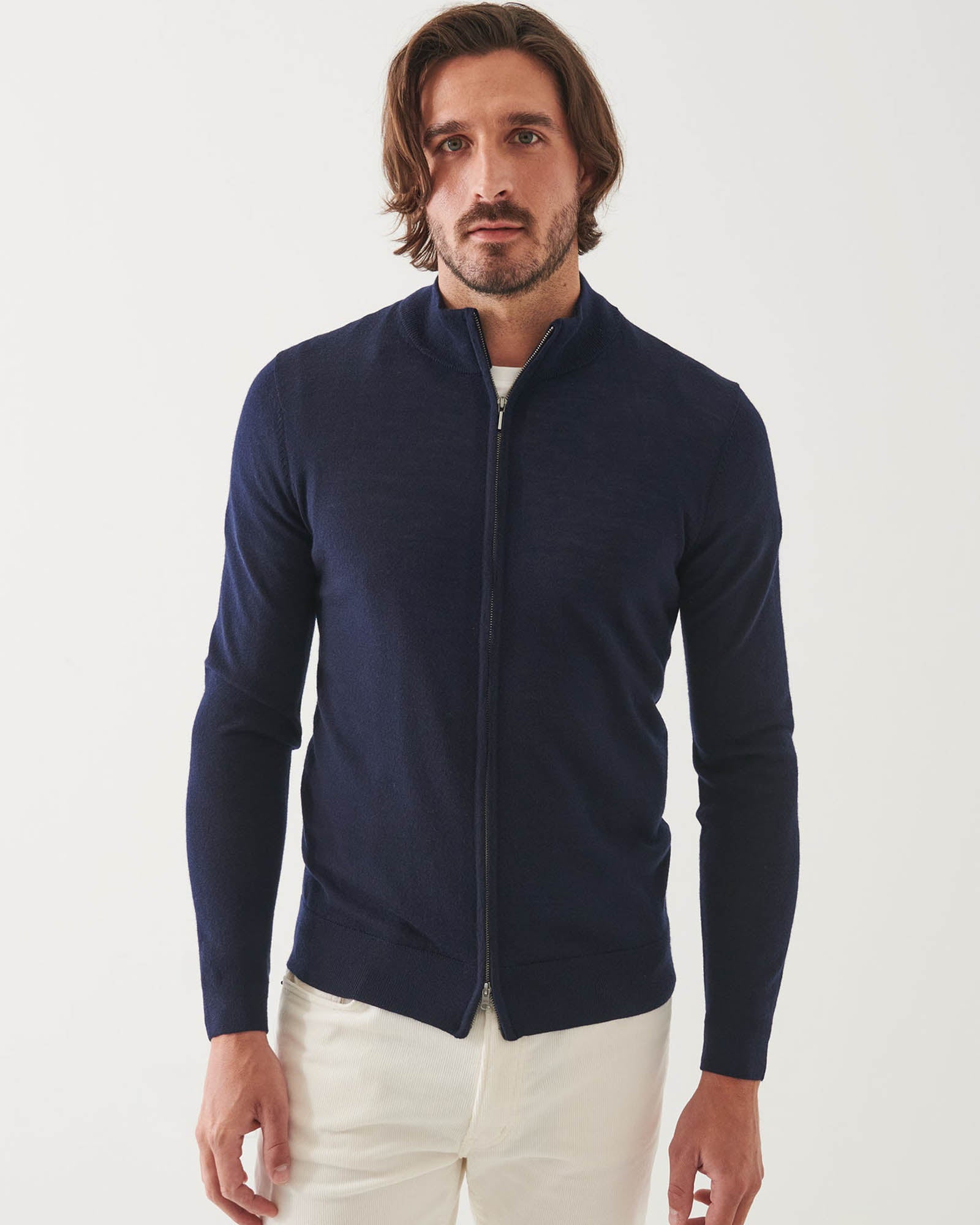 Pull à col montant entièrement zippé en laine mérinos