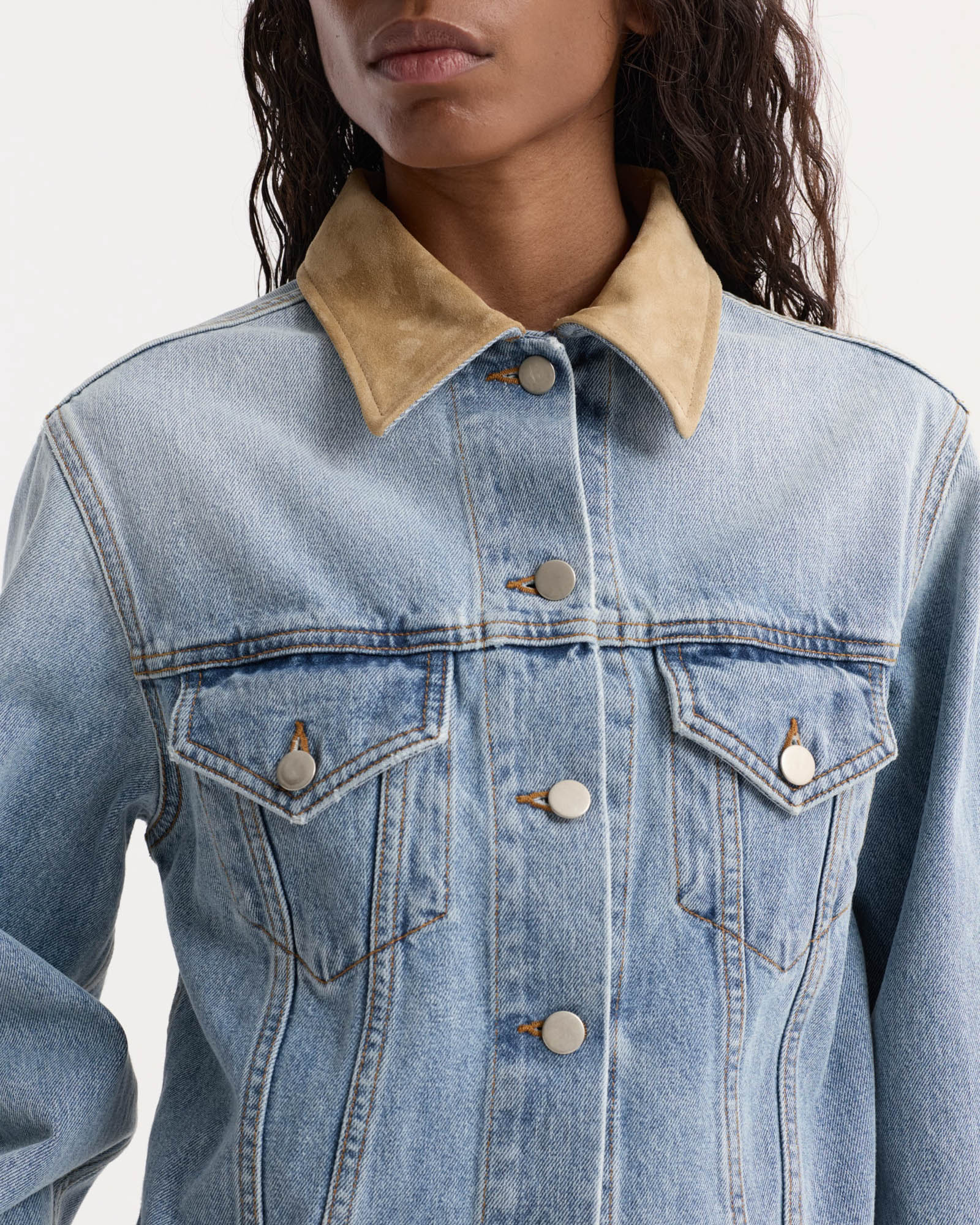 Suede Collar Fitted Denim Jacket