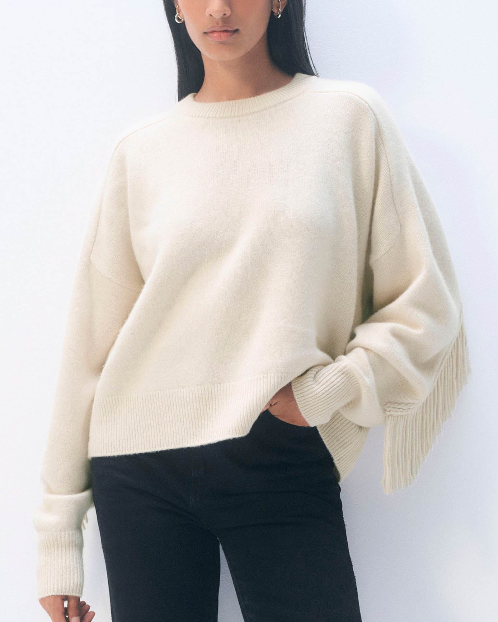 WHITE & WARREN Fringe Crew Neck Sweater