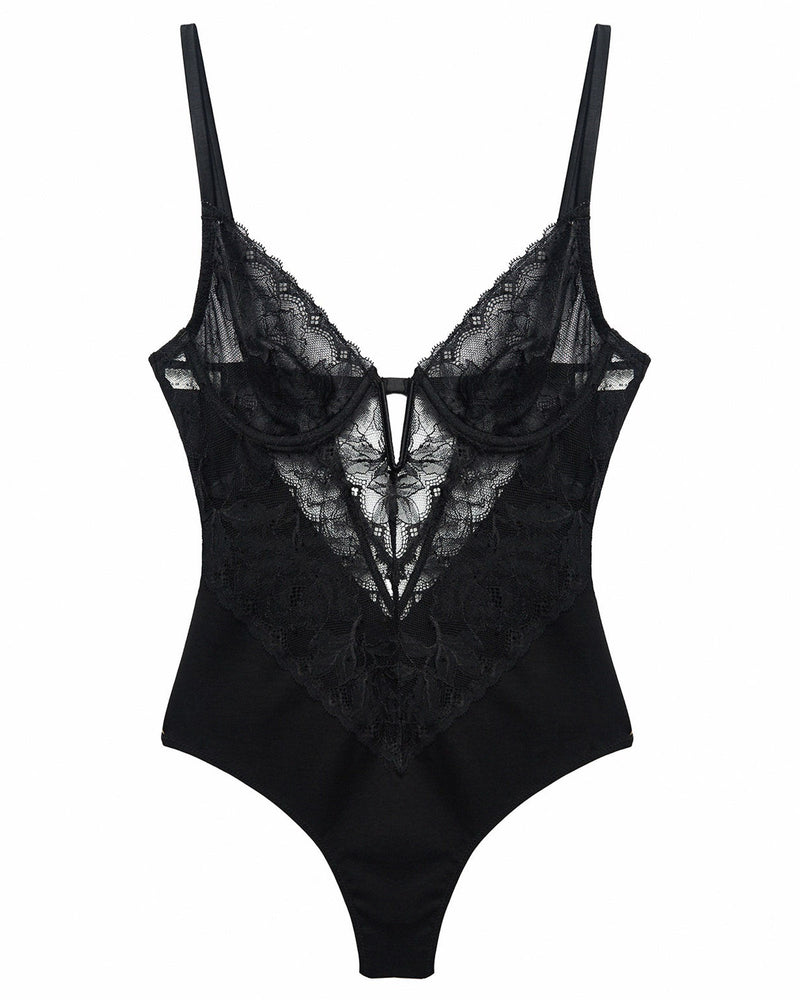 Black satin and semi-transparent bodysuit - Sale transparent lingerie