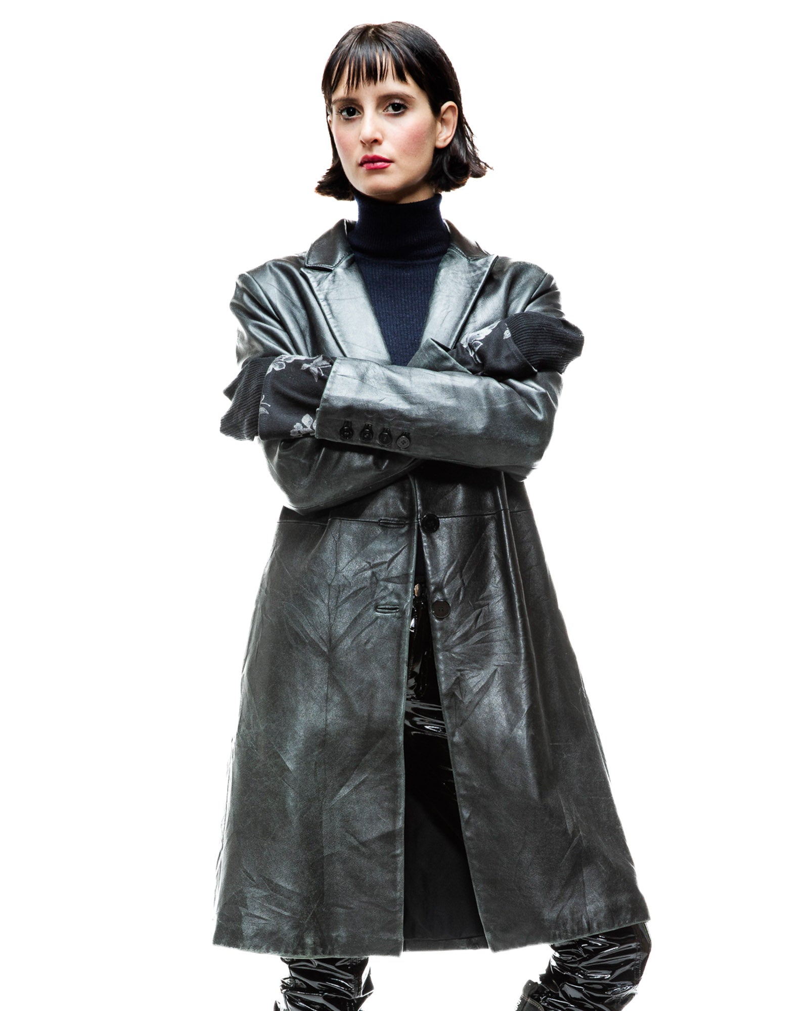 Veste en cuir noir et blanc cassé