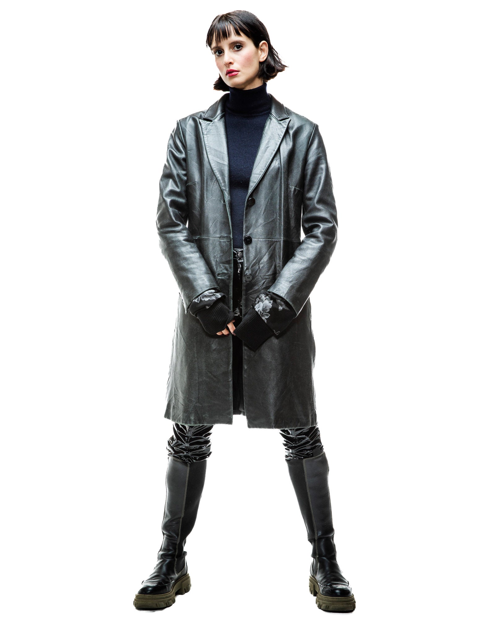 Veste en cuir noir et blanc cassé