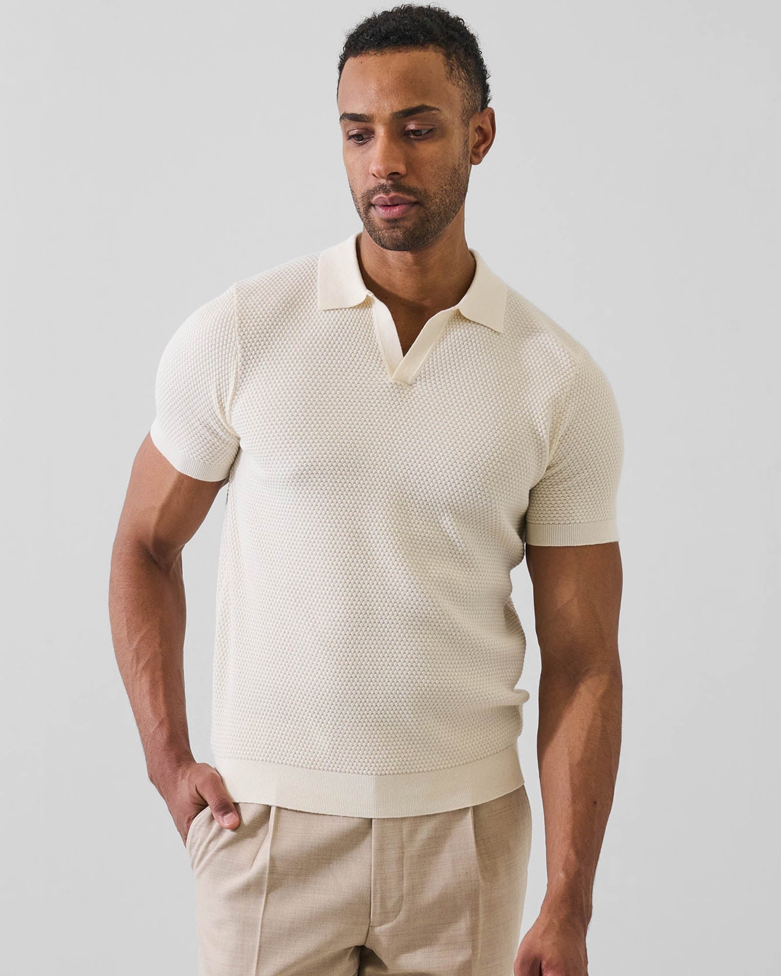 Cotton-Blend Bubble Stitch Knit Open Polo