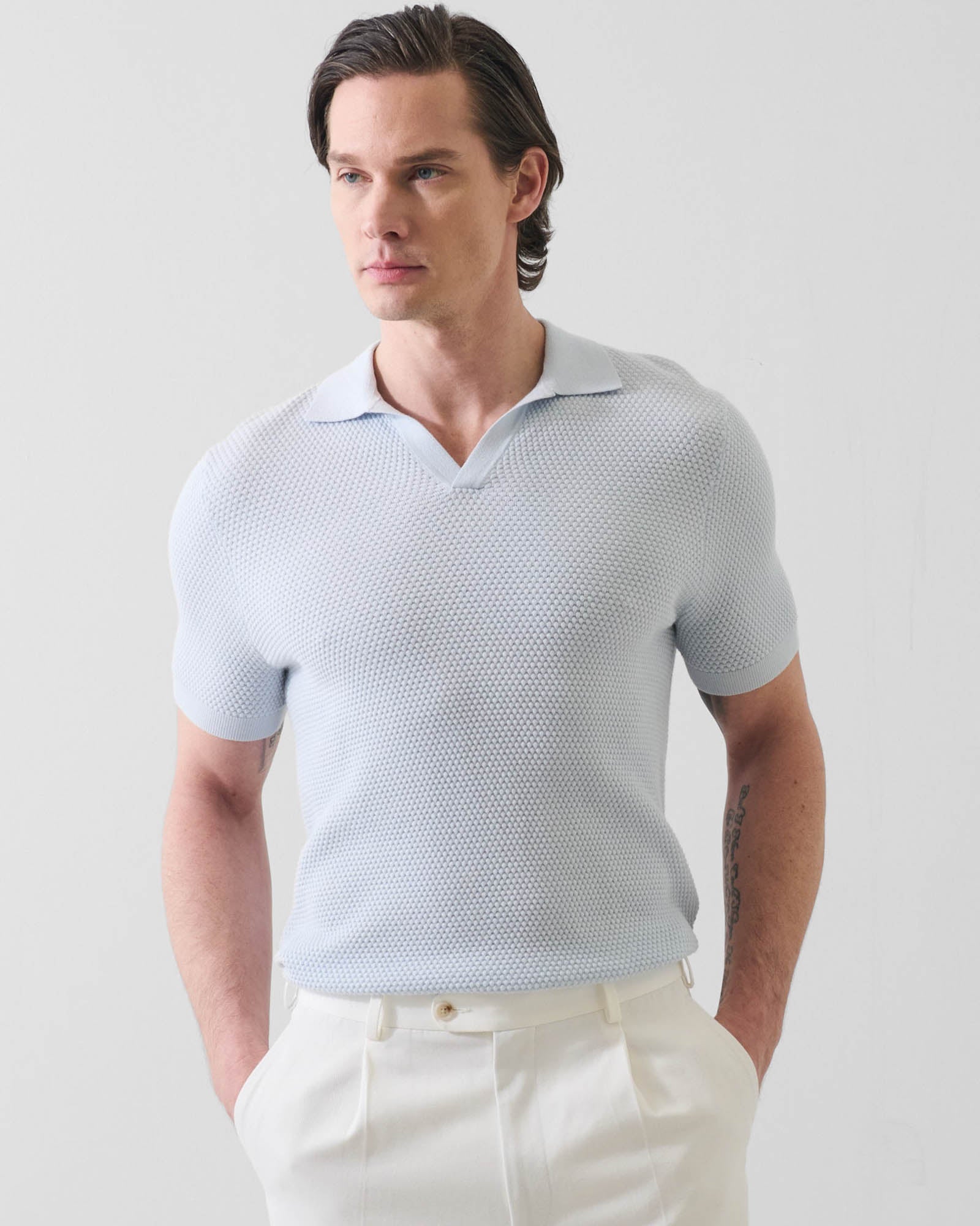 Cotton-Blend Bubble Stitch Knit Open Polo