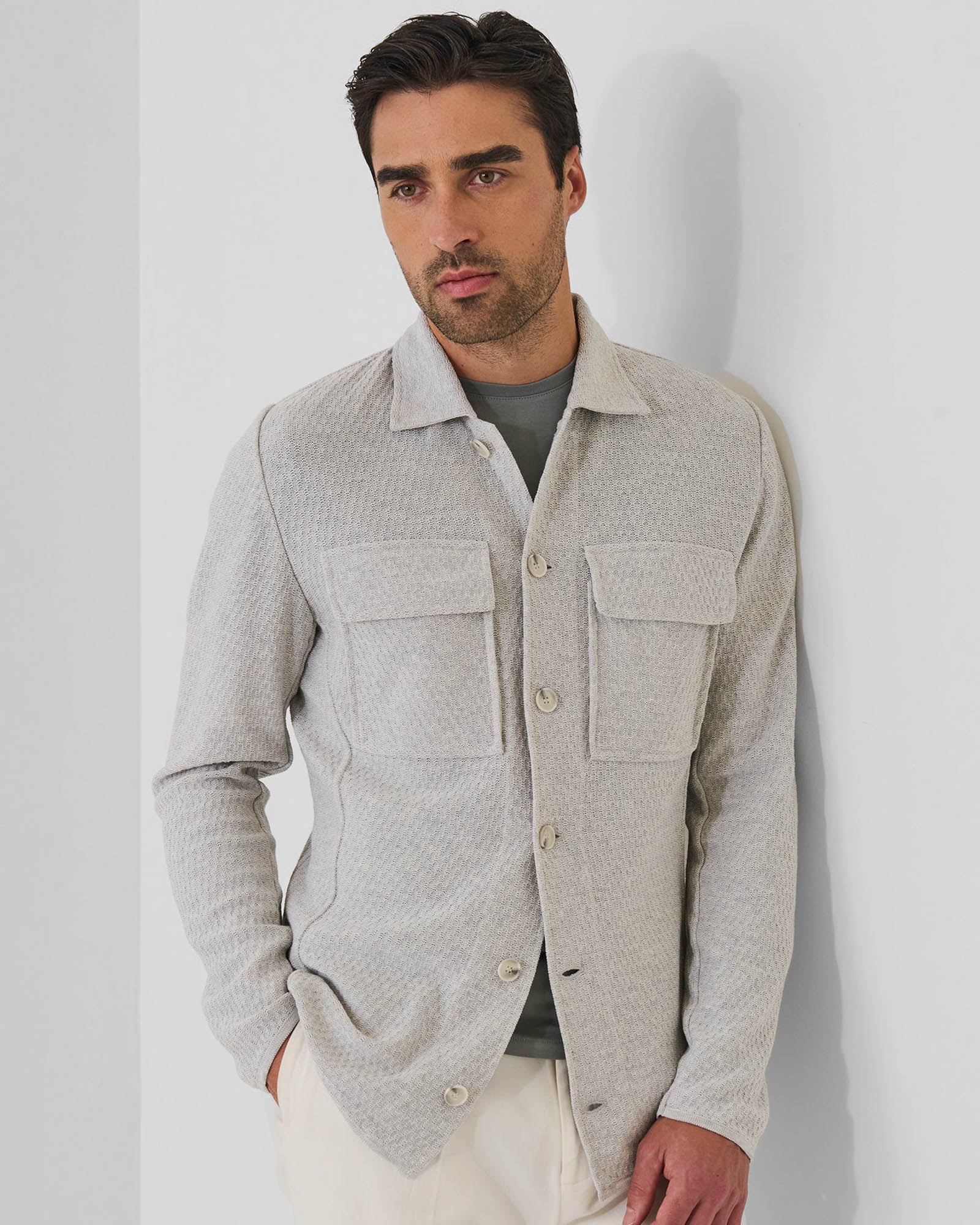 Cotton Textured Knit Shirt Jacket