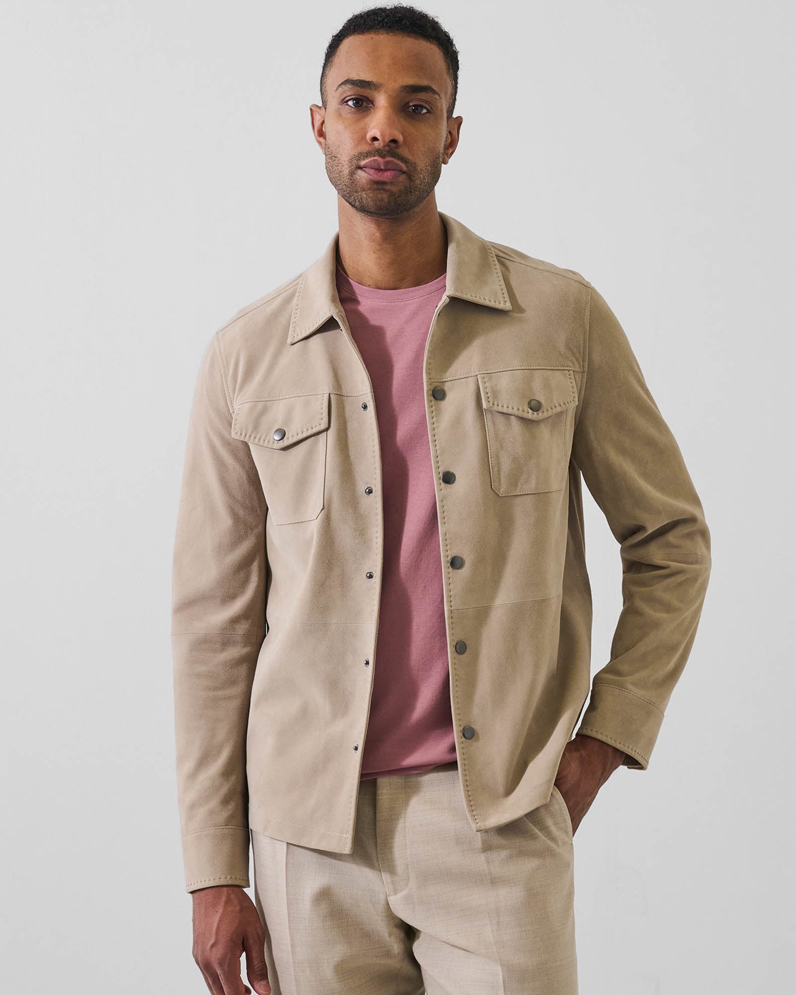 Suede Snap Front Shirt Jacket