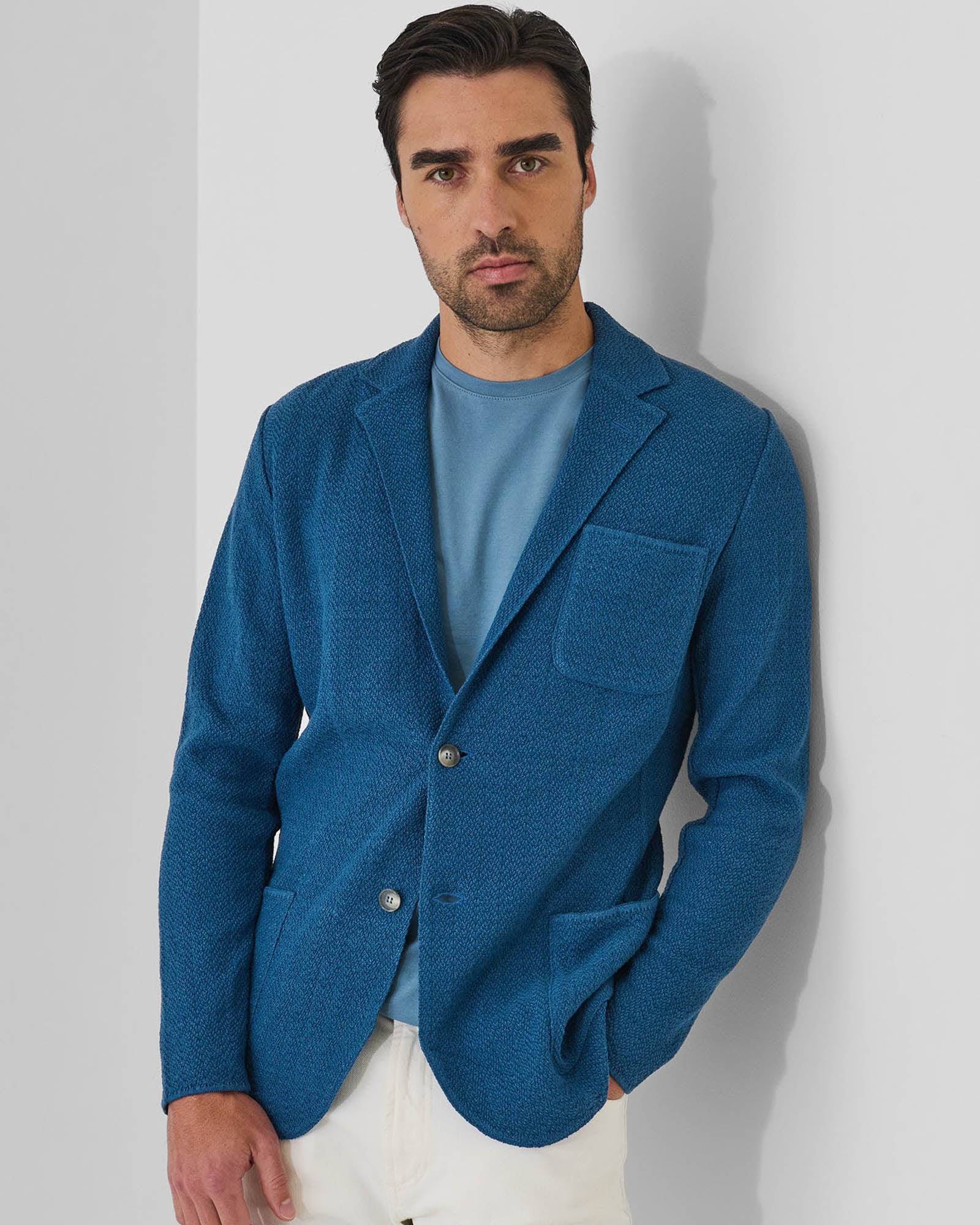 Linen-Cotton Herringbone Knit Blazer