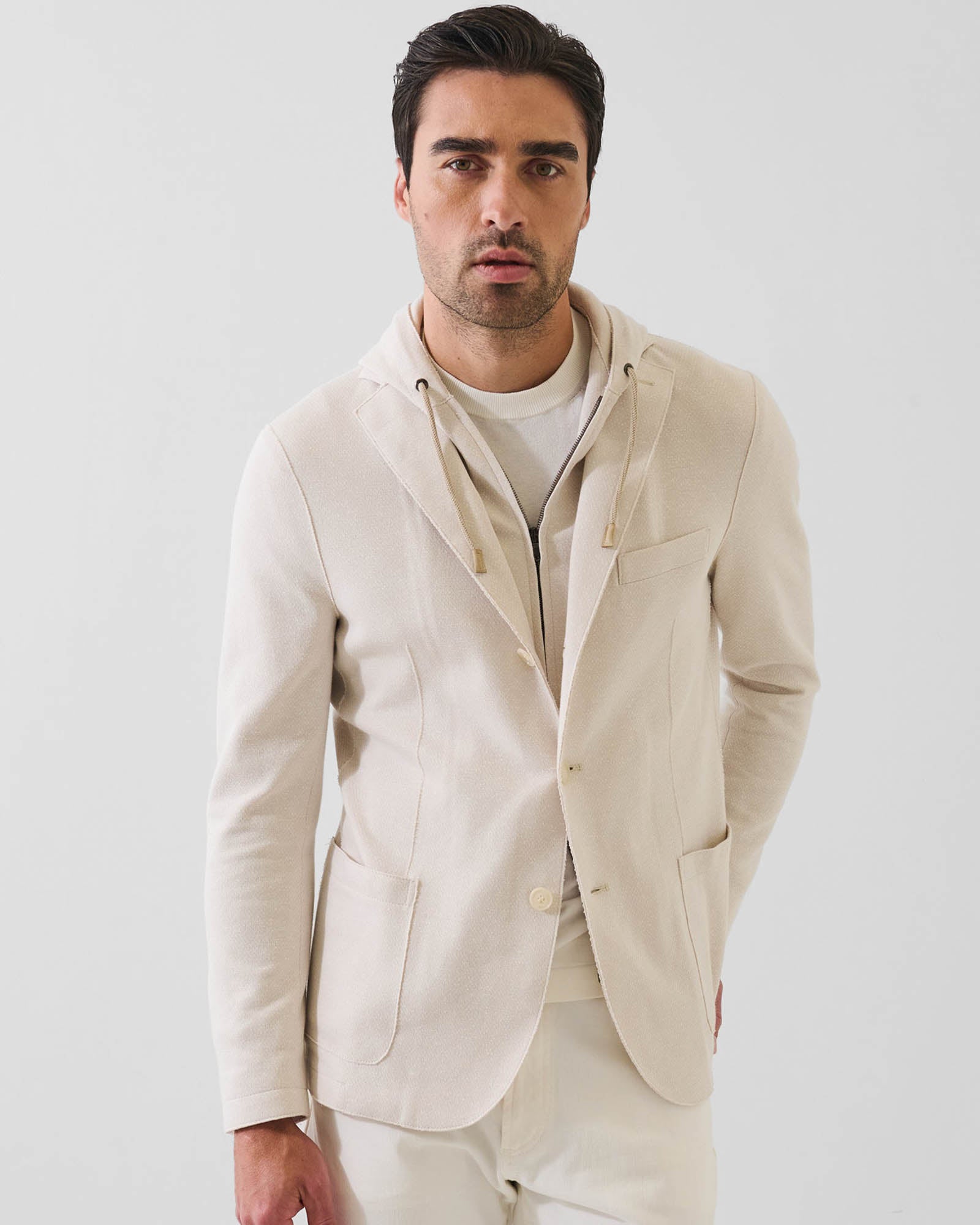 Cotton Blend Textured Knit Hooded Blazer