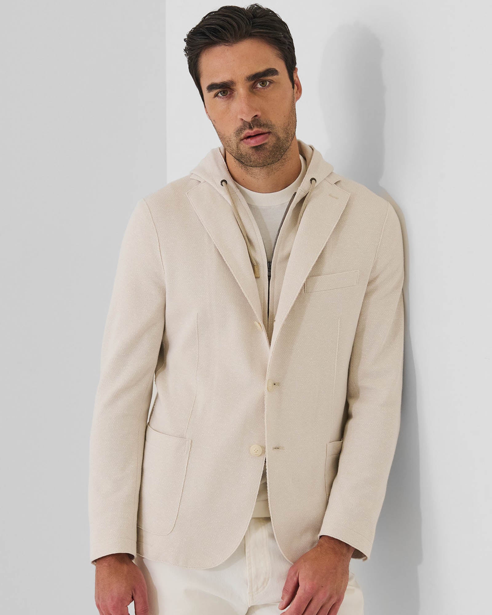 Cotton Blend Textured Knit Hooded Blazer