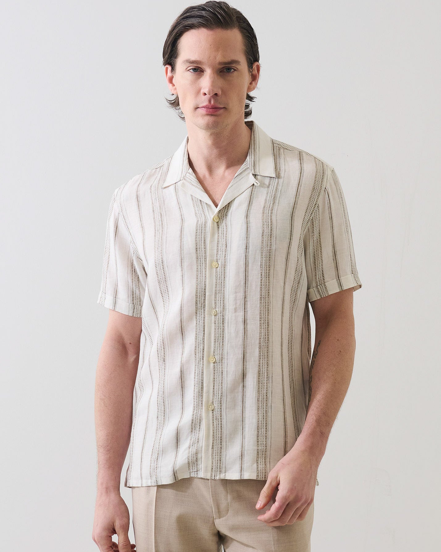 Dobby Stripe Linen Camp Collar Shirt