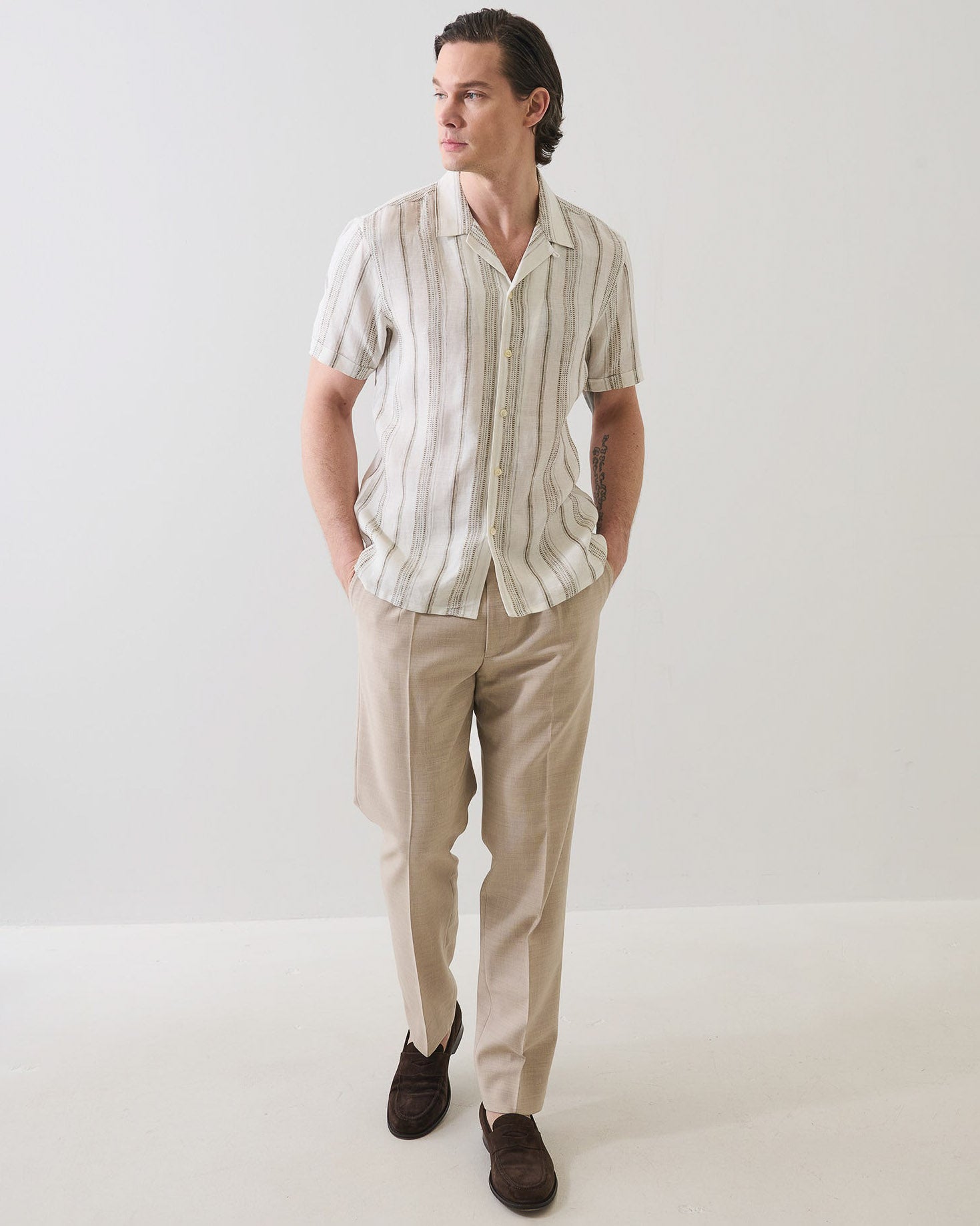 Dobby Stripe Linen Camp Collar Shirt