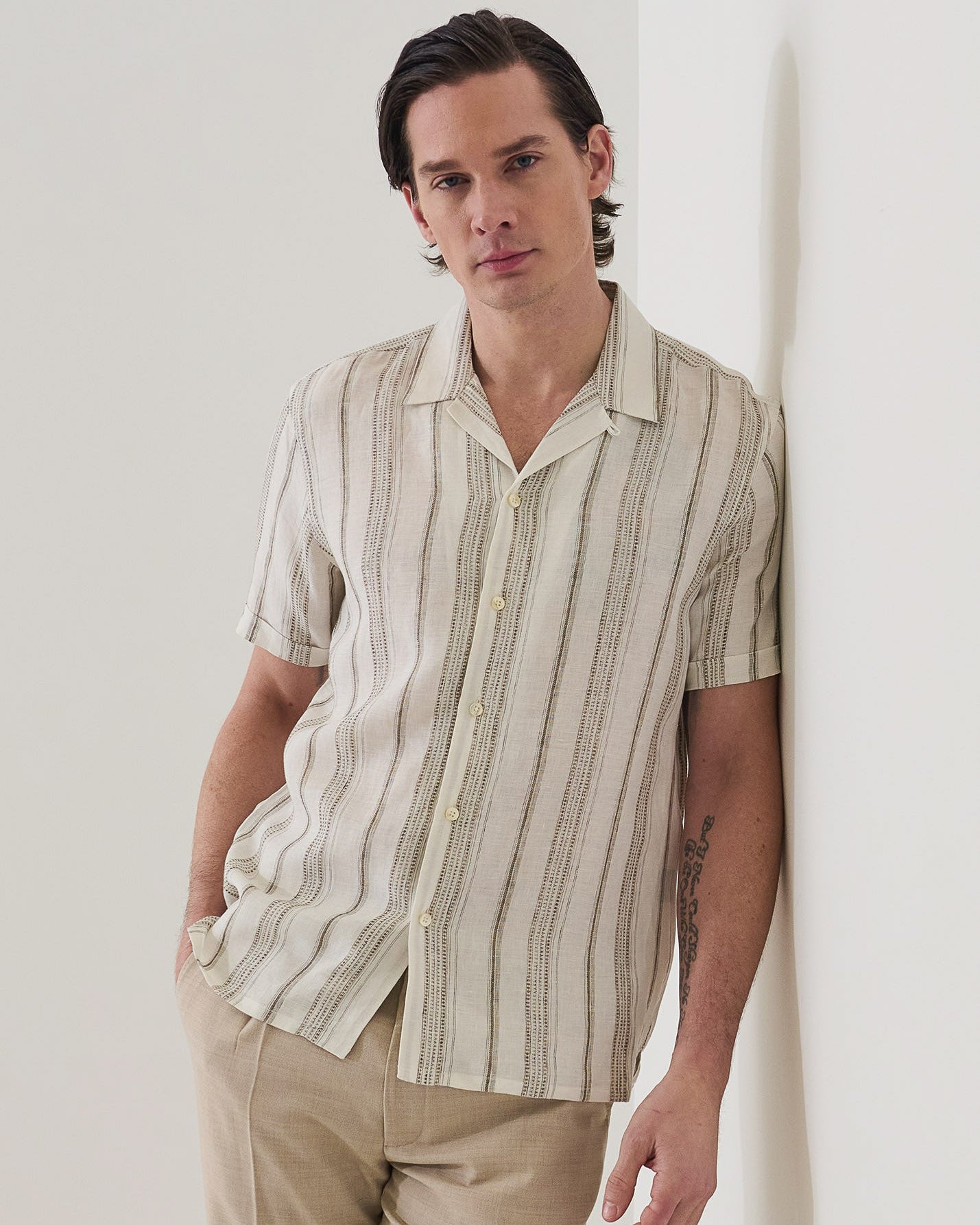 Dobby Stripe Linen Camp Collar Shirt