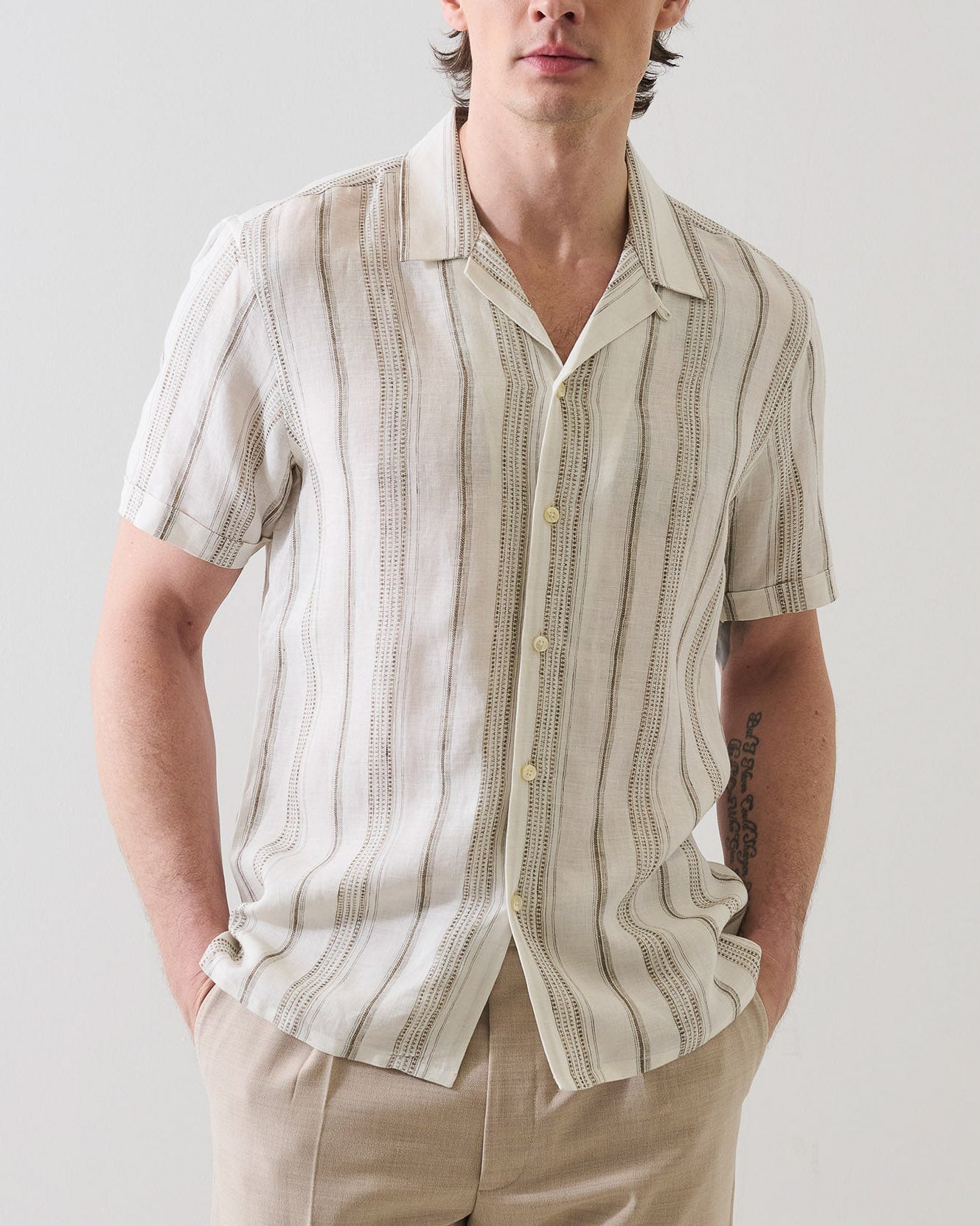 Dobby Stripe Linen Camp Collar Shirt