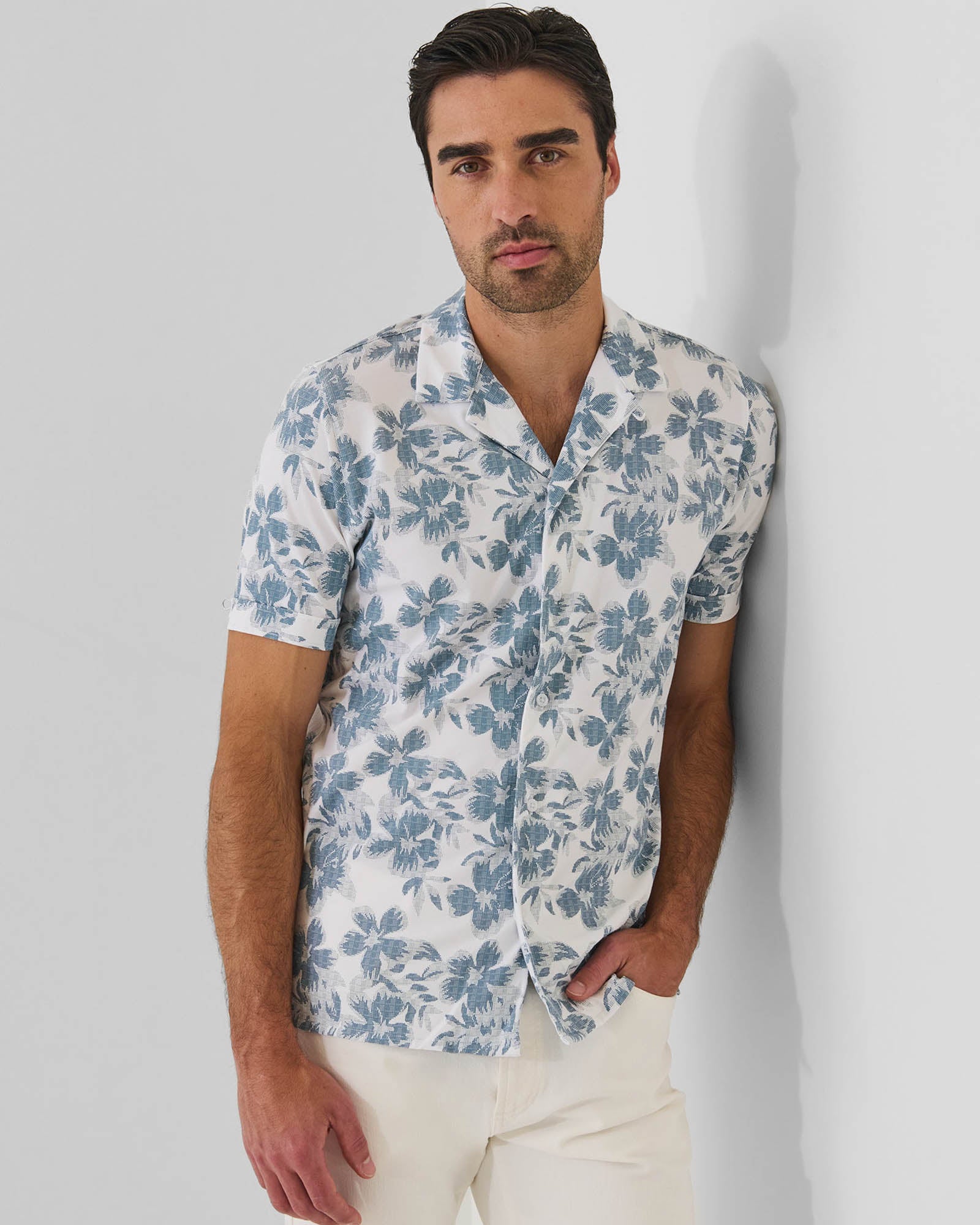 Pima Cotton Stretch Tropical Print Camp Collar Shirt