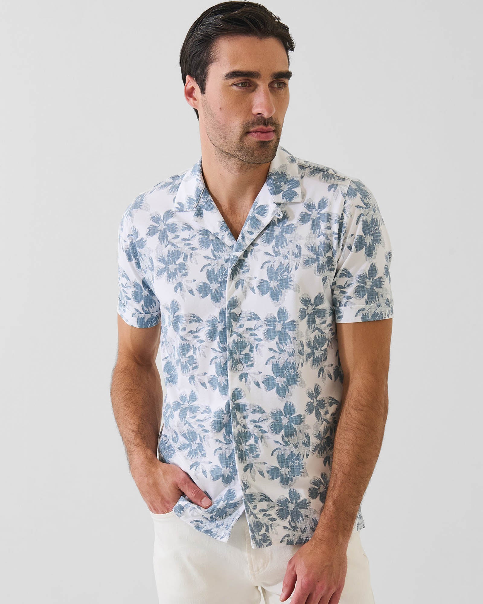 Pima Cotton Stretch Tropical Print Camp Collar Shirt