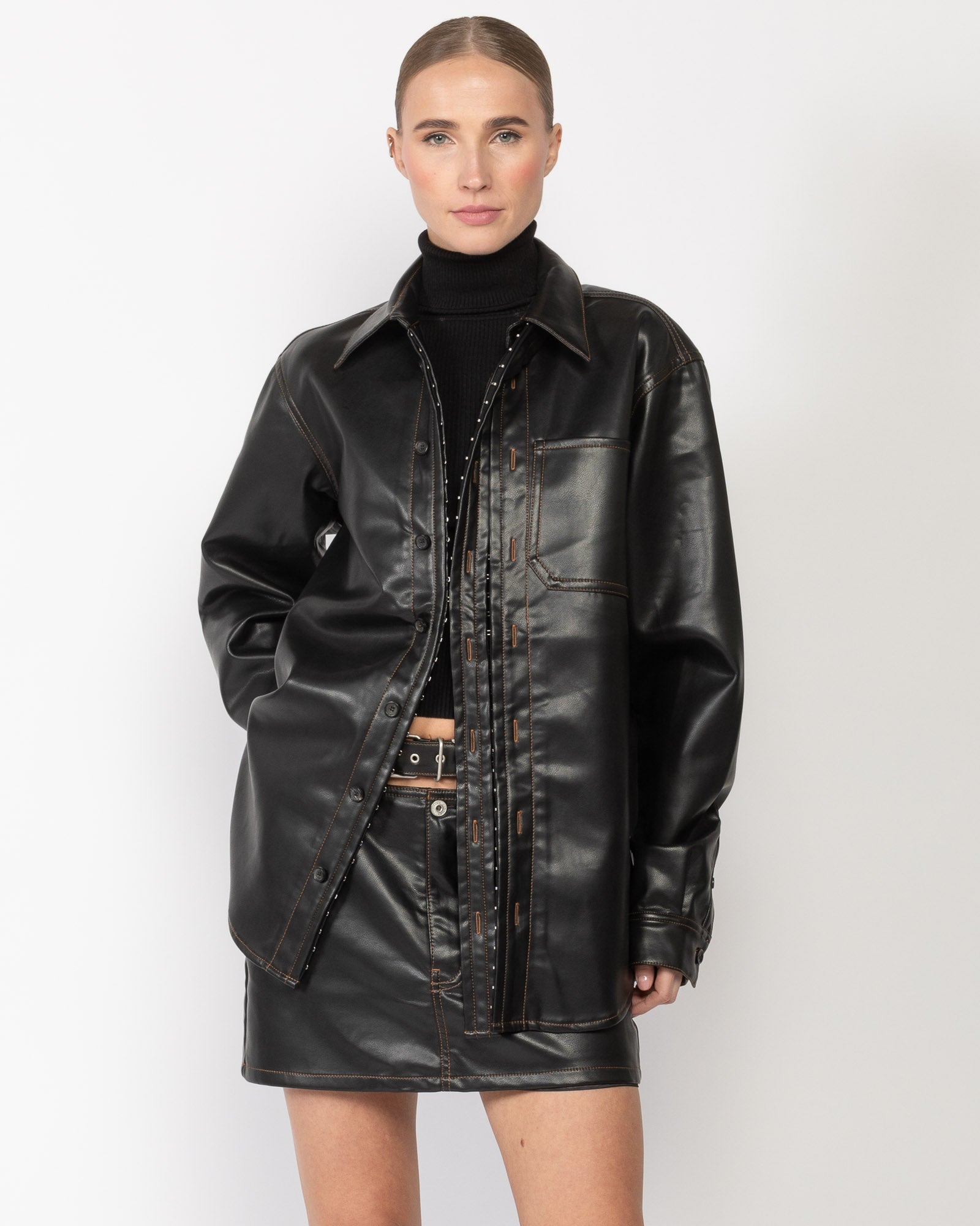 Hook and Eye Leather Shirt in Black