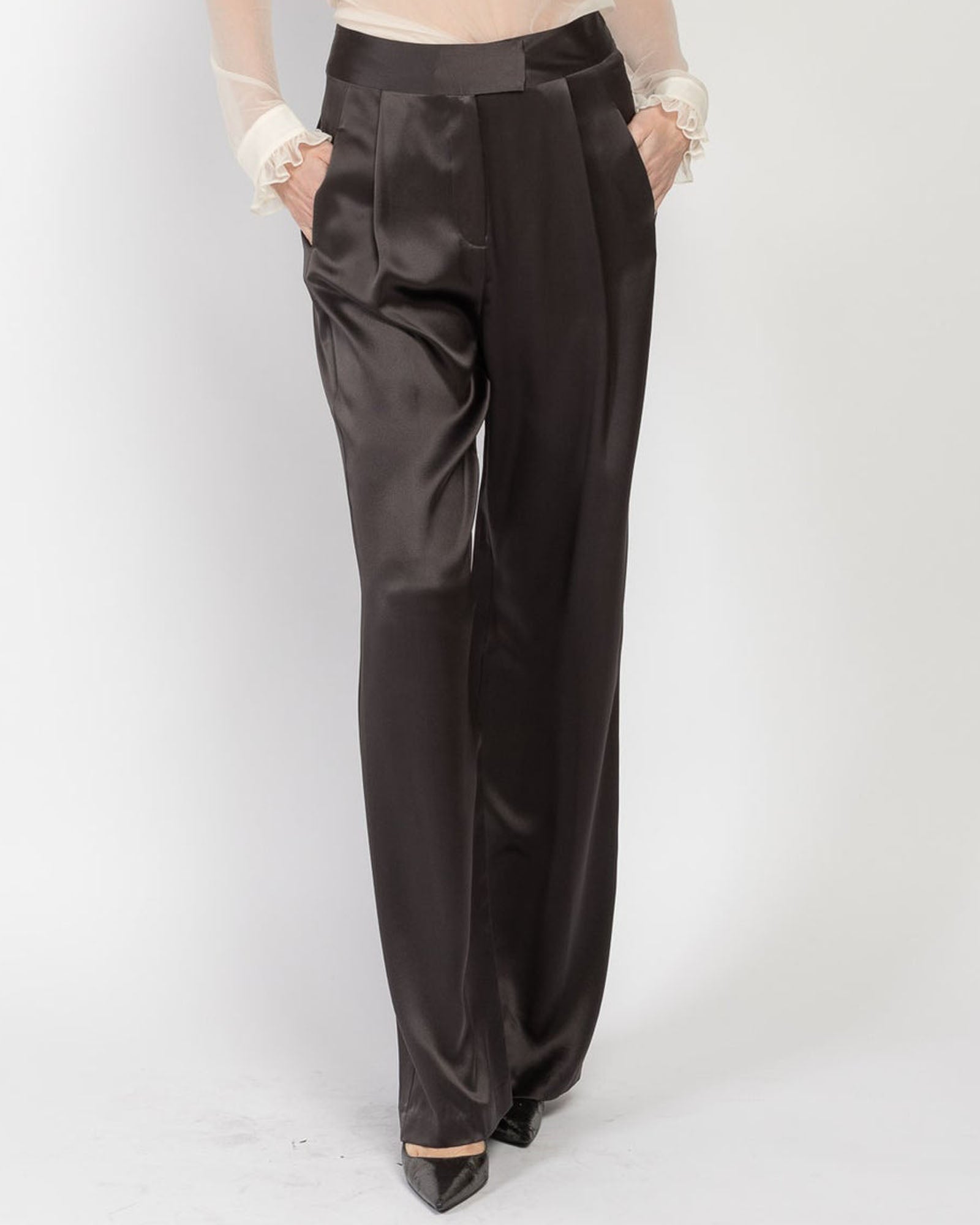 High-rise wide-leg silk satin pants in black - The Sei