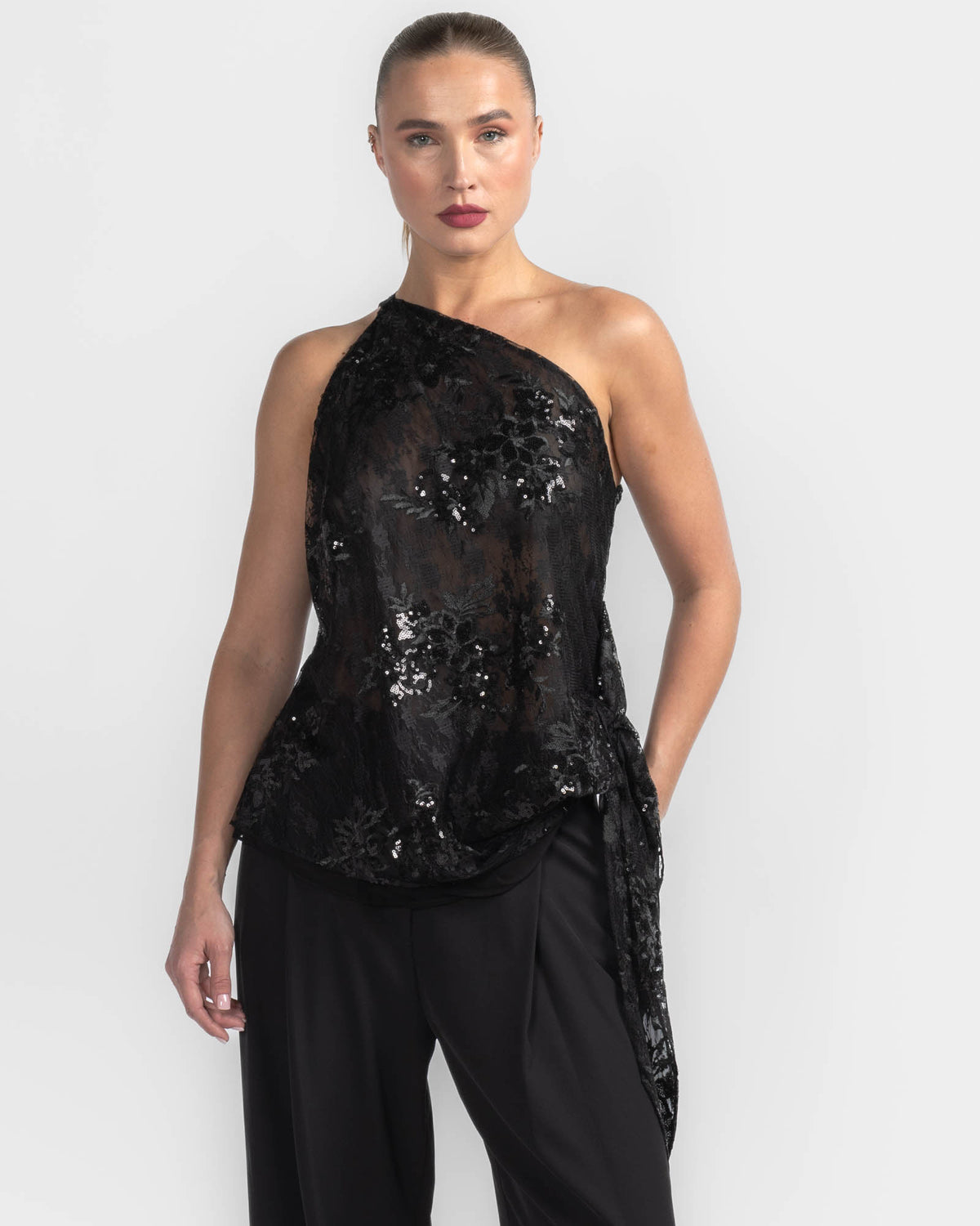 Lace Asymmetrical Drape Top