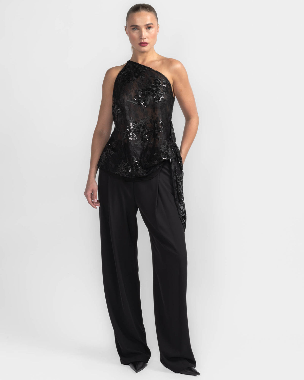 Lace Asymmetrical Drape Top