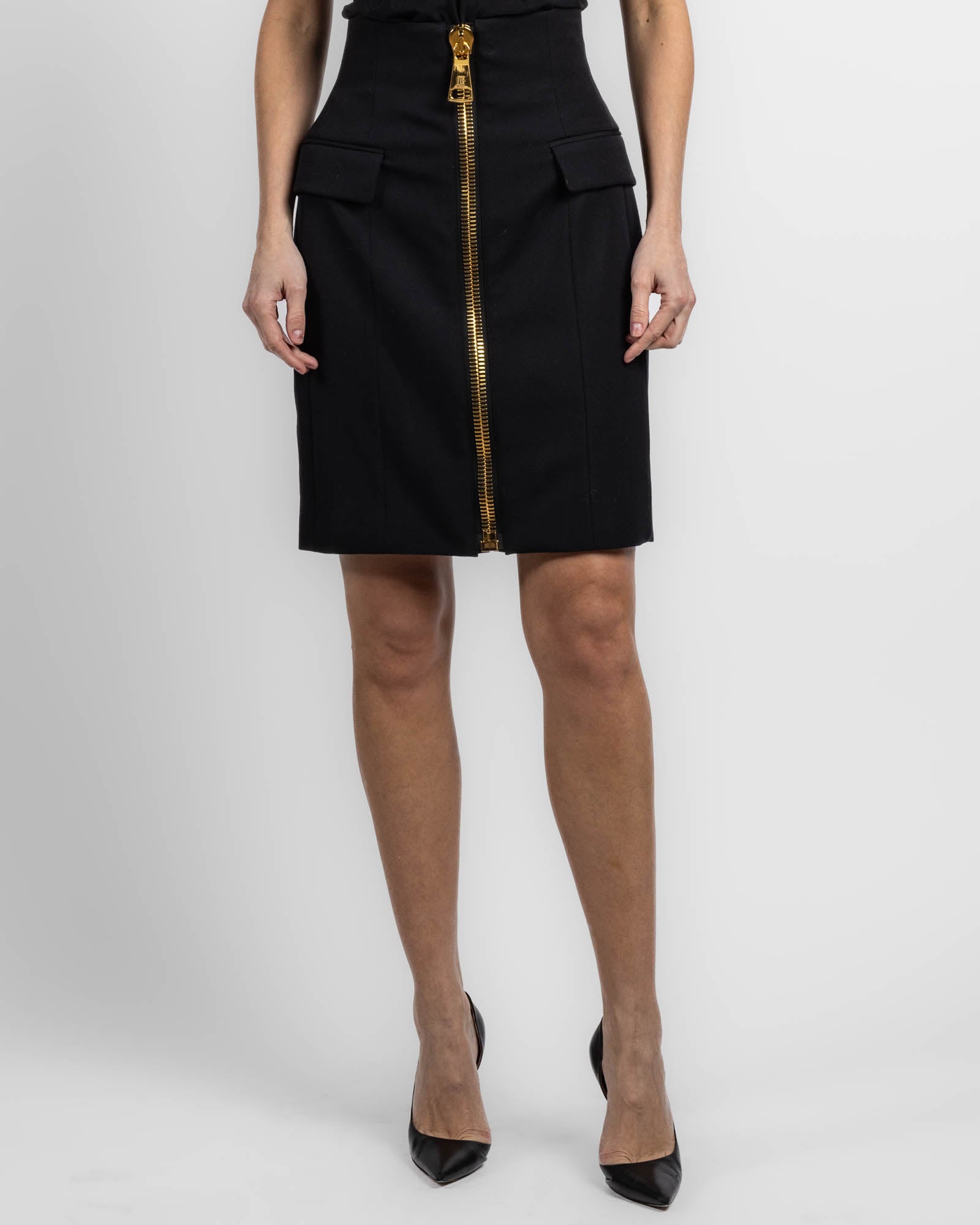 High Waist Zipped Knee Length Skirt