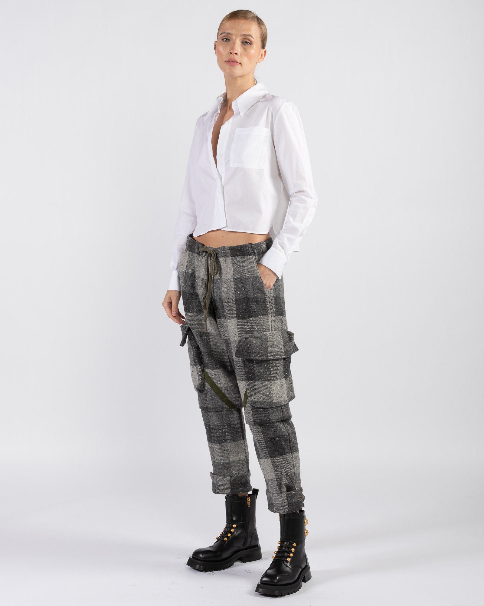 GREG LAUREN - Graphite Check Cargo Pants | Luxury Designer Fashion | tntfashion.ca
