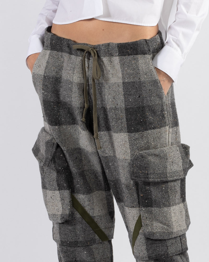 Graphite Check Cargo Pants - GREG LAUREN, Luxury Designer Fashion
