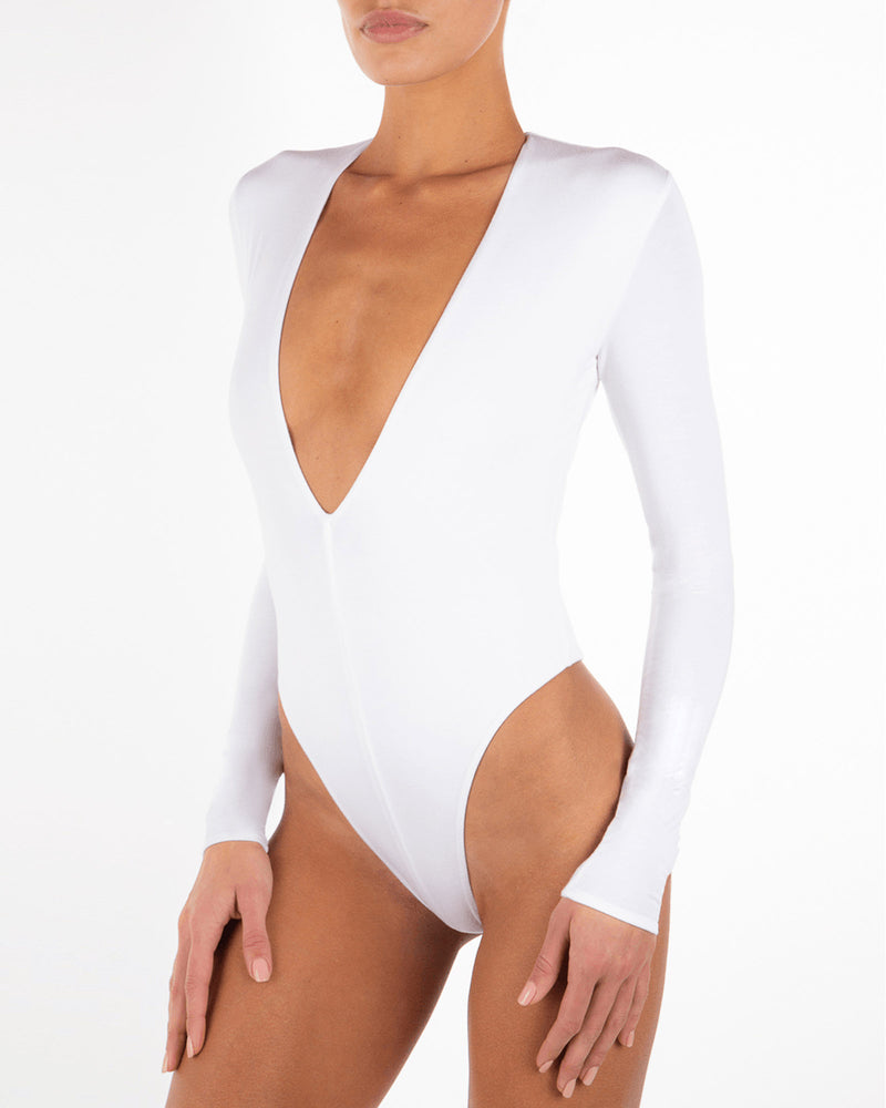 V FOR CITY Women Long Sleeve Bodysuit with Built-in Bra Scallop